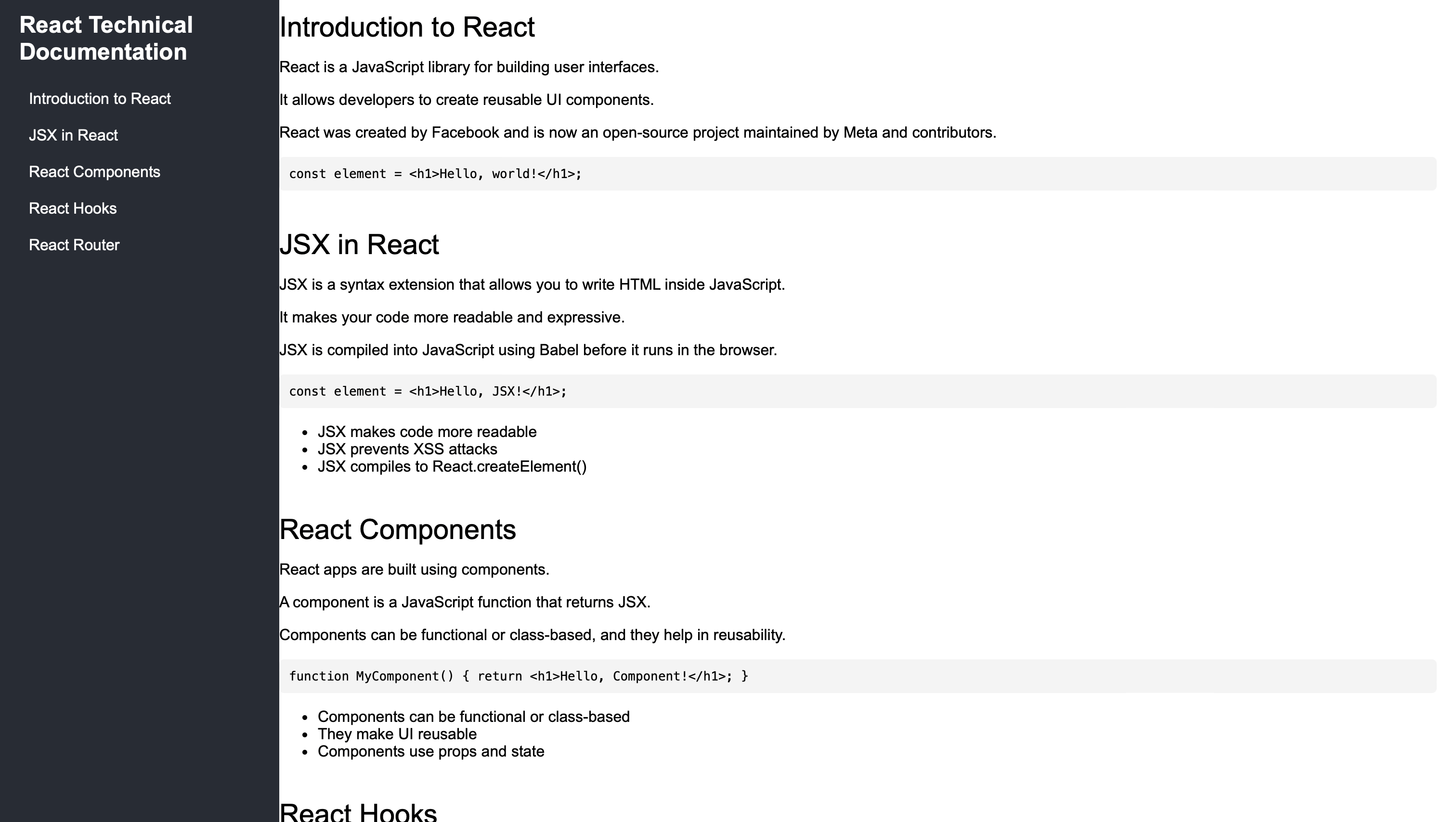 Techincal Documentation Page screenshot